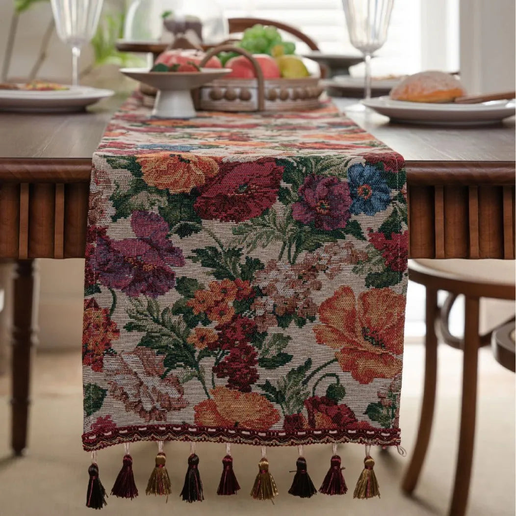 American-style long tassel table runner with Jacquard floral pattern on a table
