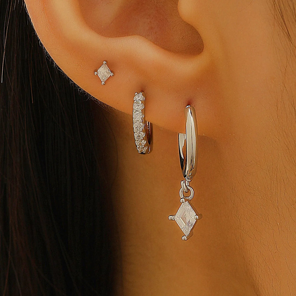 Ladies three-piece zircon geometric earring set in gold and silver finishes