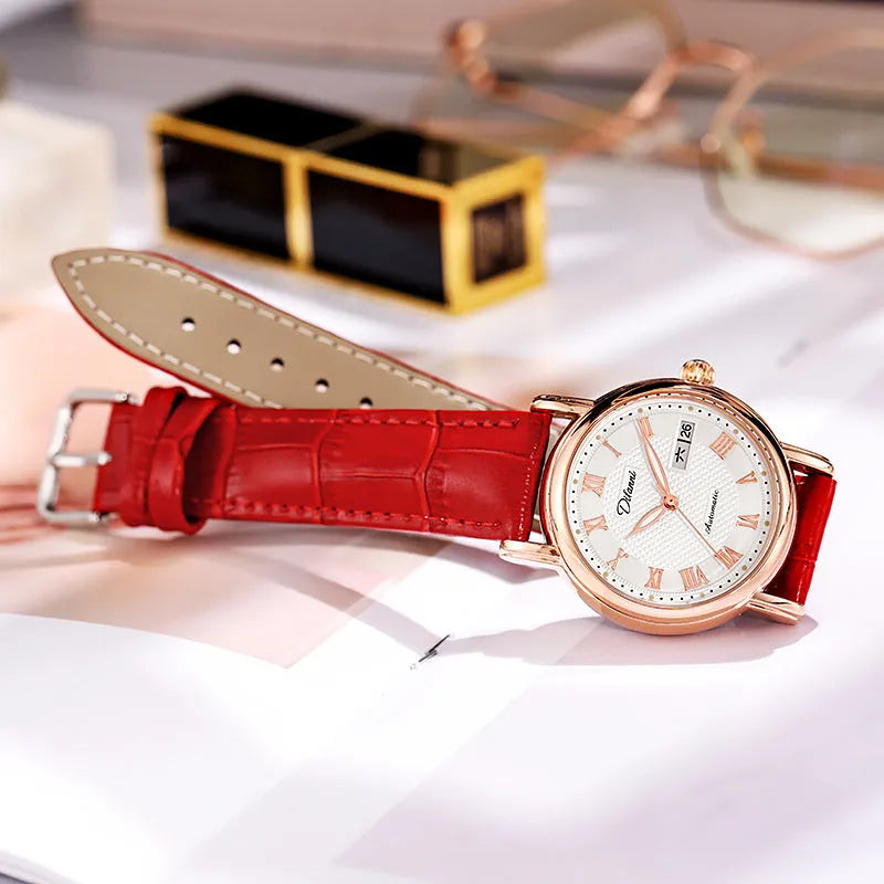 Automatic women's watch with 12mm case on a stainless steel bracelet alongside leather strap options