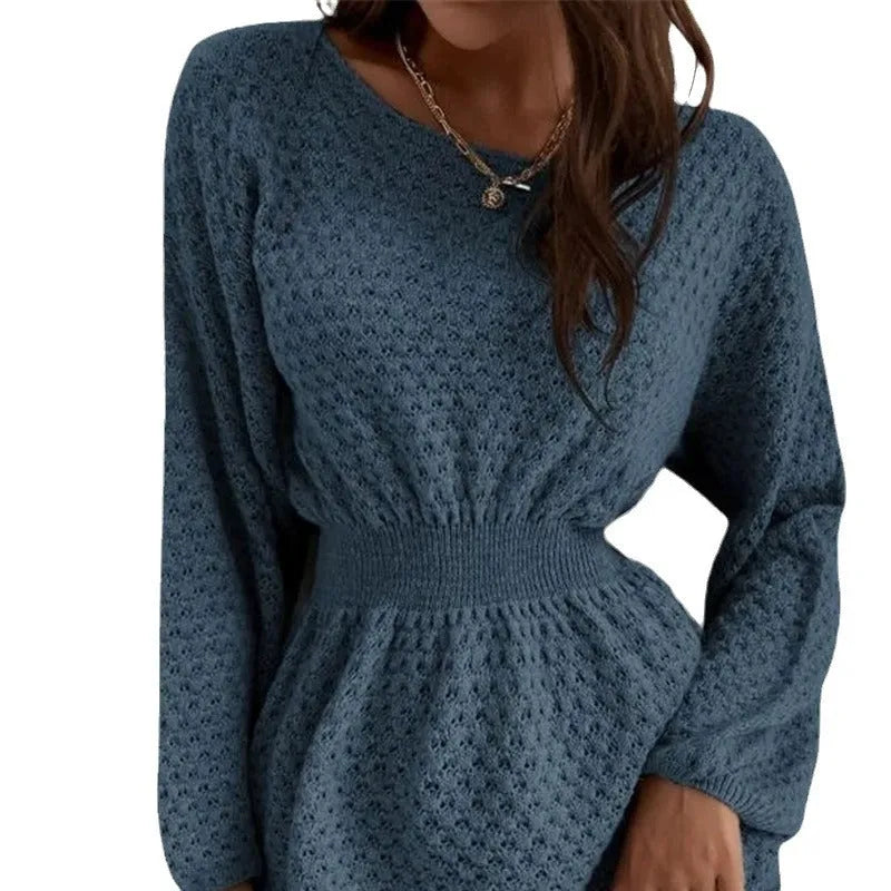 Blue women's knitted dress with fitted waist, crocheted flower details, and French round neckline