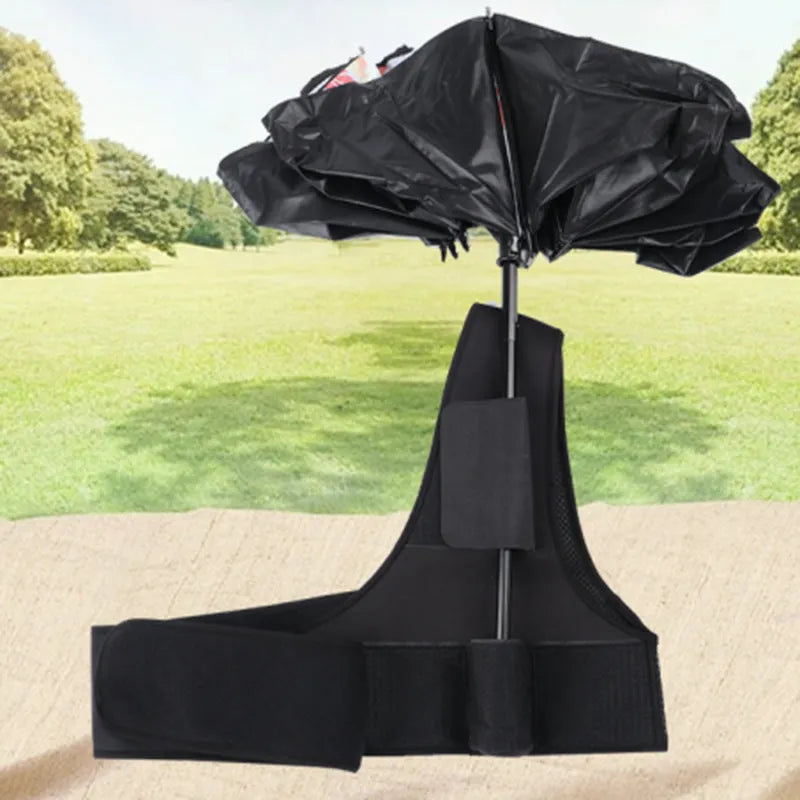 Black portable umbrella shoulder strap holder supporting an open manual folding umbrella.