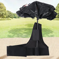 Black portable umbrella shoulder strap holder supporting an open manual folding umbrella.