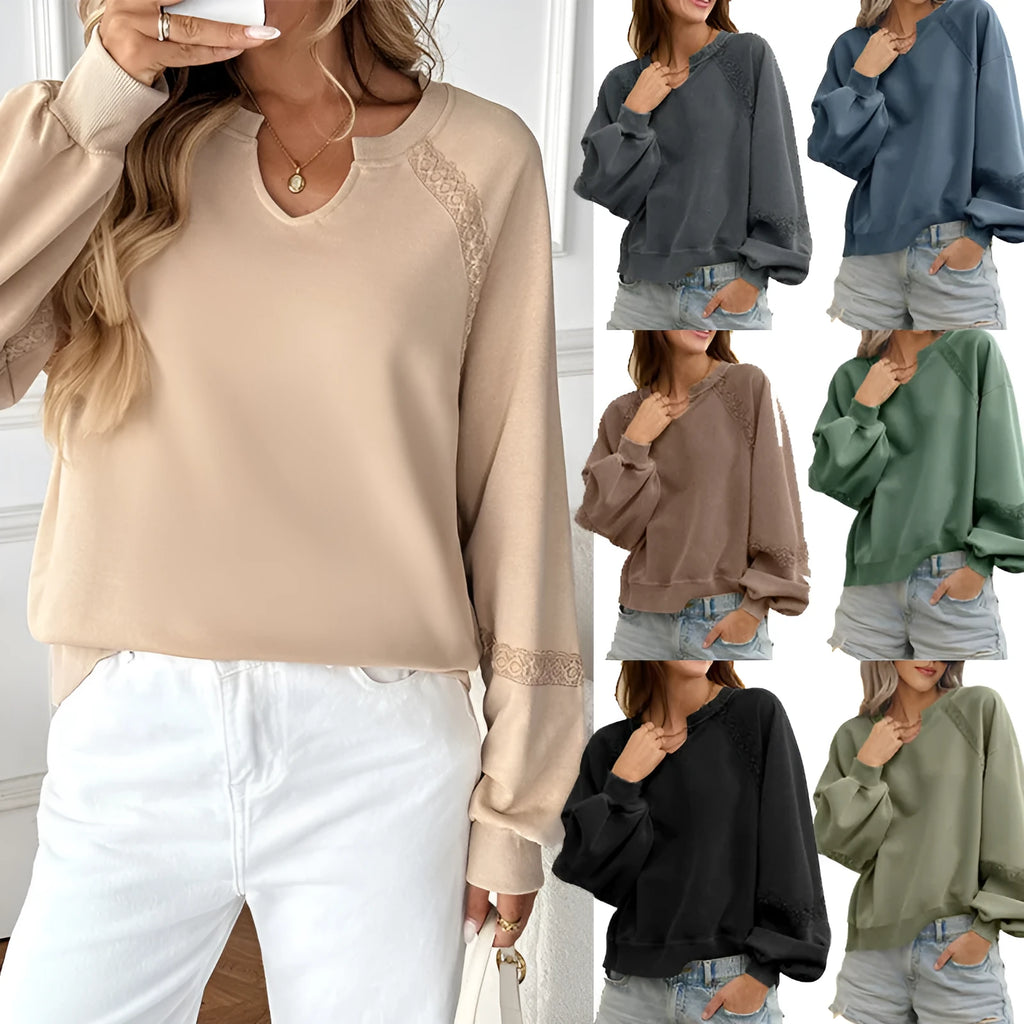 Women's half-open collar sweater with stitching lace detail in a solid colour, shown with long sleeves.
