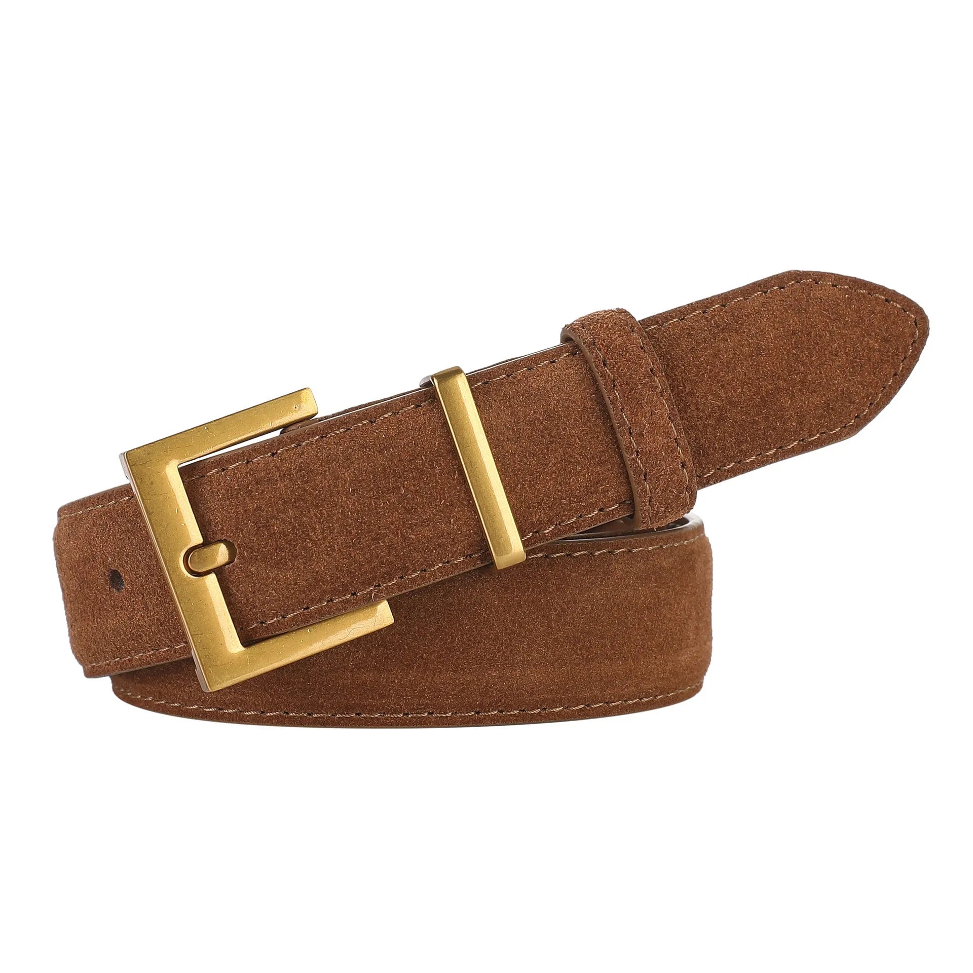 Women's black leather belt with a silver alloy pin buckle on a white background.