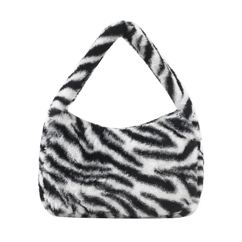 Plush shoulder bag in animal print with single strap, retro style for women