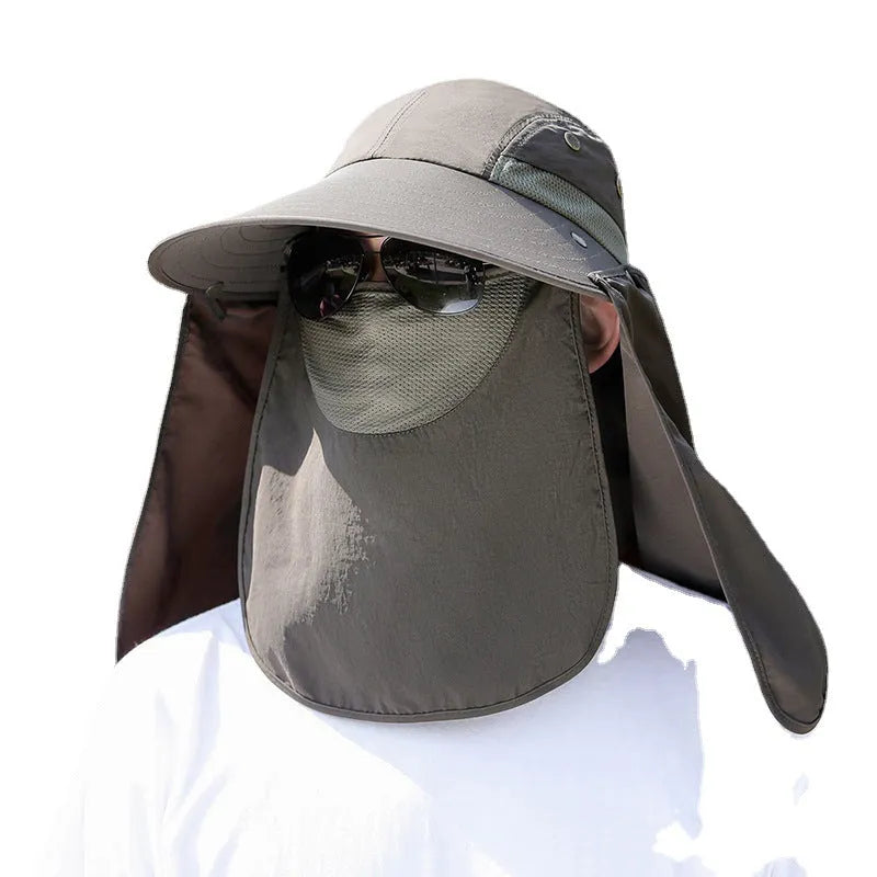 Men's navy blue sun protection hat with USB rechargeable fan and face covering shawl for fishing and outdoor activities