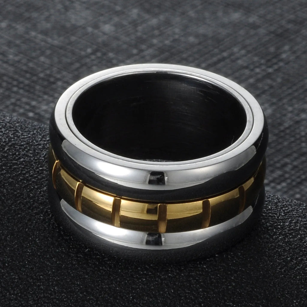 Gold titanium steel ultra-wide knuckle ring with rotatable band on finger