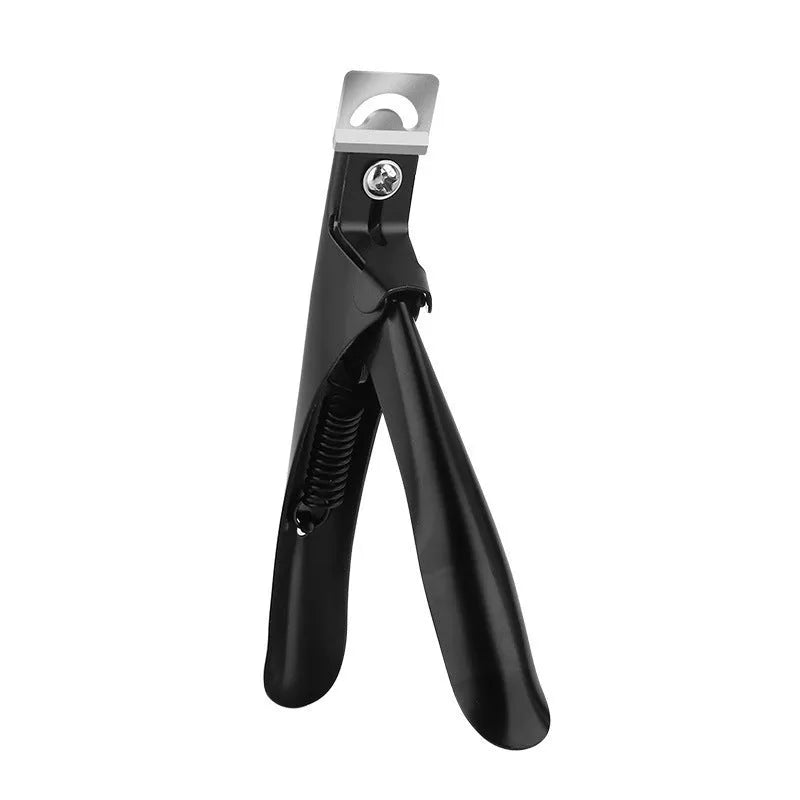 Stainless steel nail art scissors with curved French U-shaped blades shown in electrophoresis black finish.