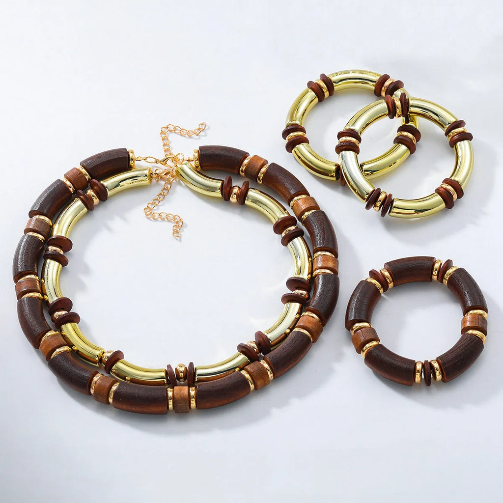 Women's exaggerated European style multi-layer wooden necklace and bracelet set in alloy