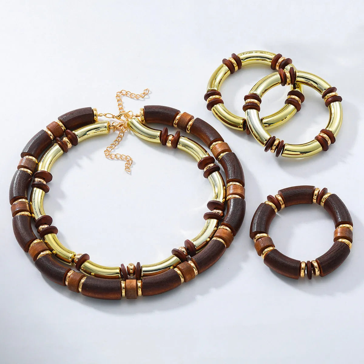 Women's exaggerated European style multi-layer wooden necklace and bracelet set in alloy