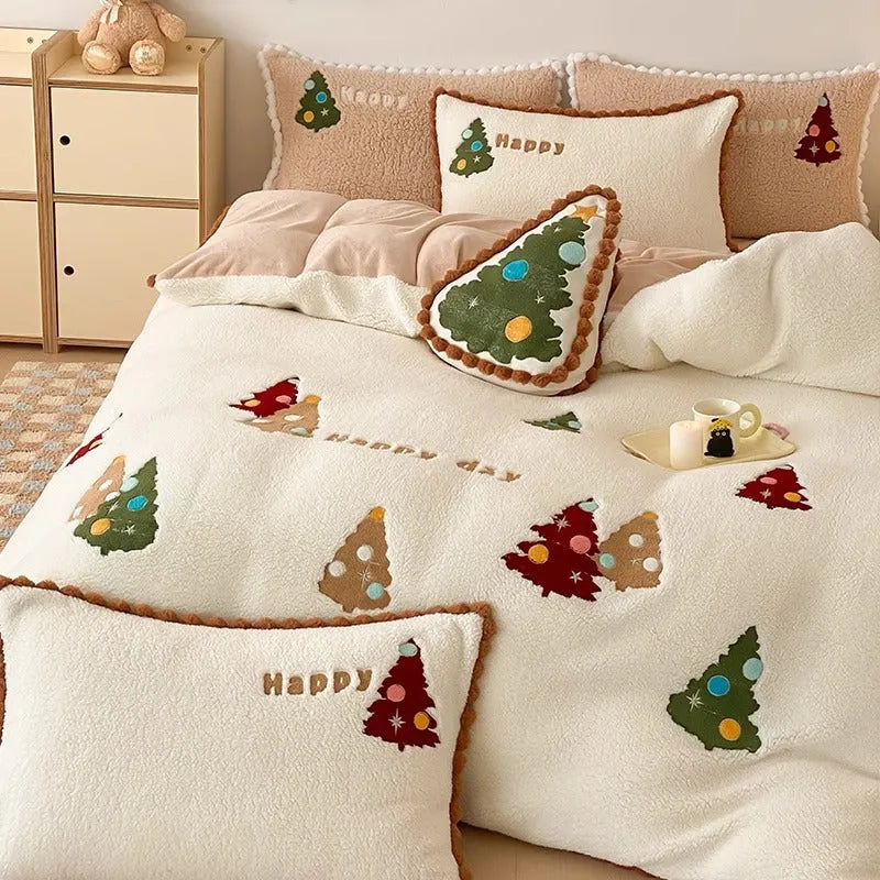 Bright yellow fleece-lined bedding set with a cartoon winter Christmas tree design.