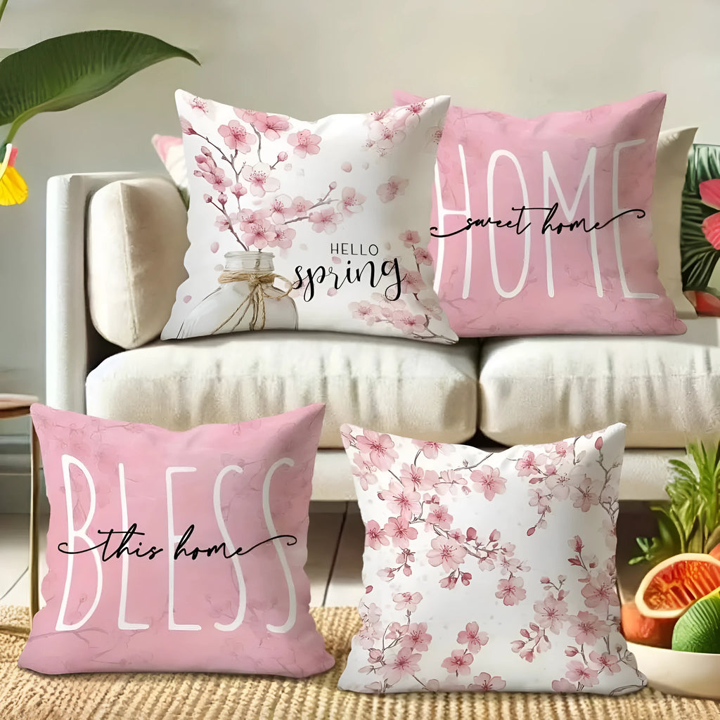 Short velvet Spring Cherry Blossom letter cushion cover, 45cm square, shown in one of four HDRD192 colour options.
