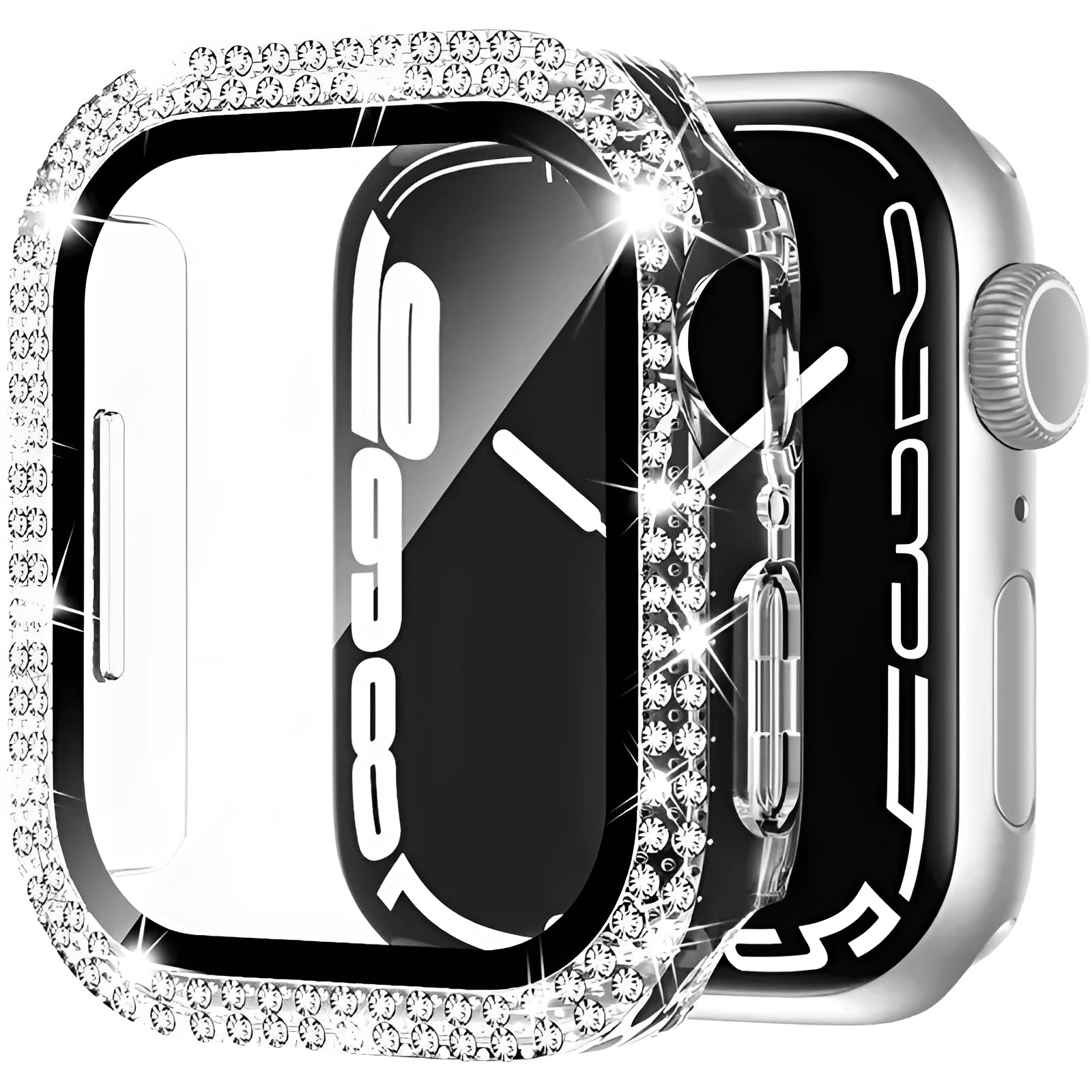 Apple Watch protective case with double diamond glass screen cover in rose gold colour.