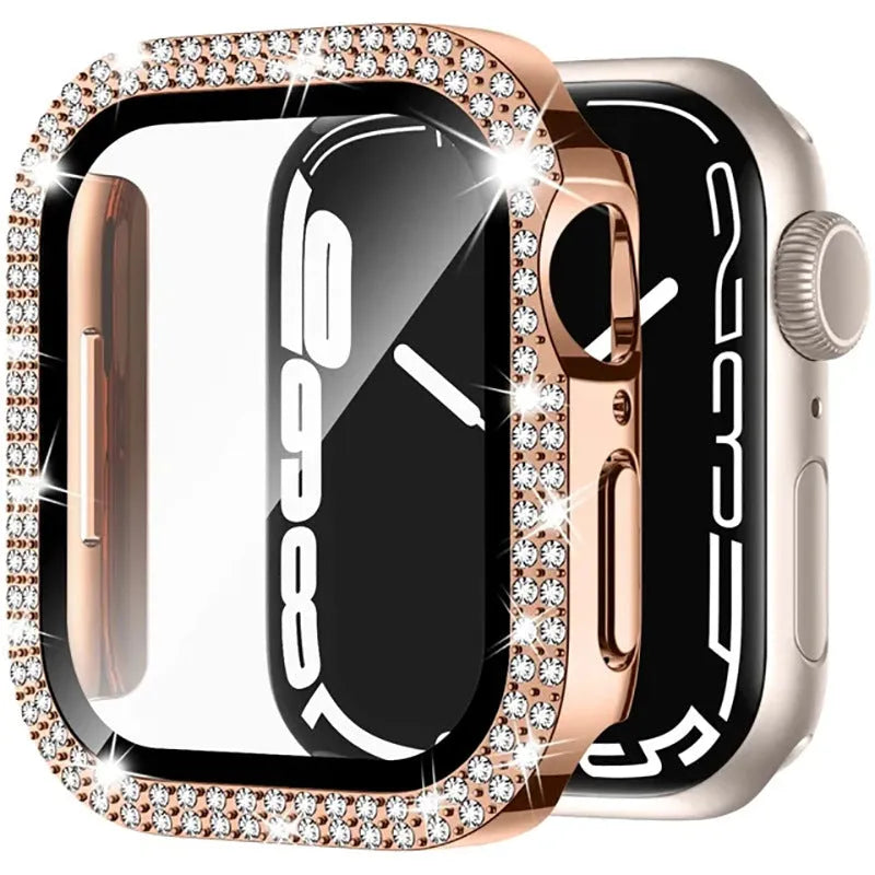 Apple Watch protective case with double diamond glass screen cover in rose gold colour.