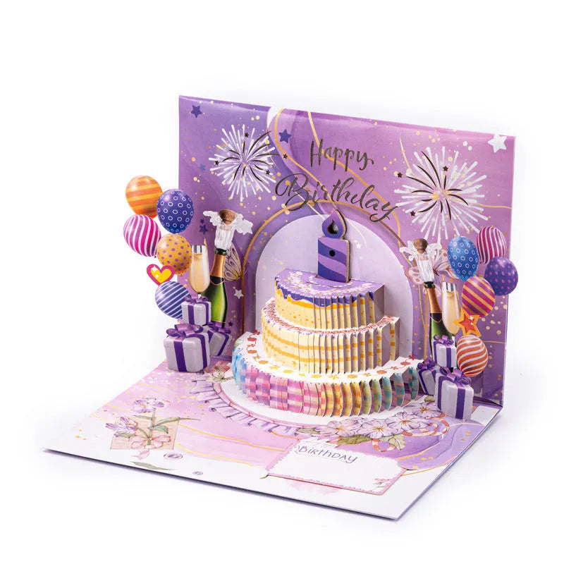 Musical 3D birthday card with Chinese ink style cake design showing manual folded paper construction