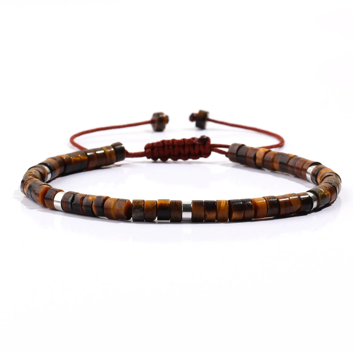 Tigereye and turquoise cylindrical flat bead women's bracelet, hand-woven with geometric bamboo joint texture