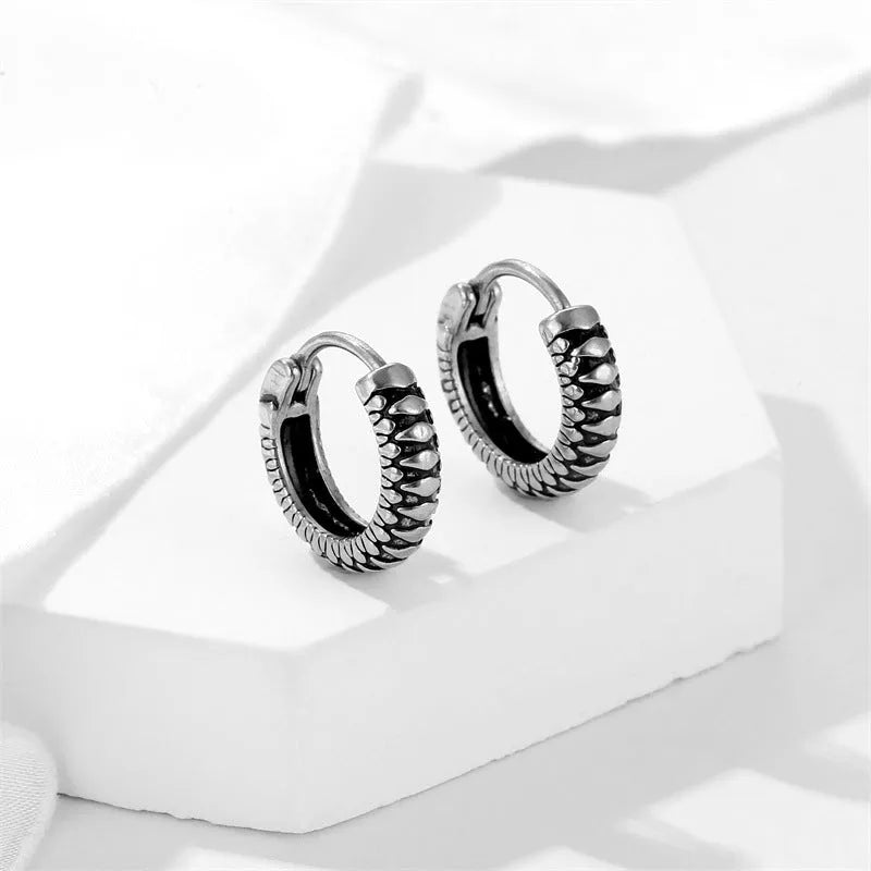 Silver geometric alloy earrings with circular stripe design on a white background.