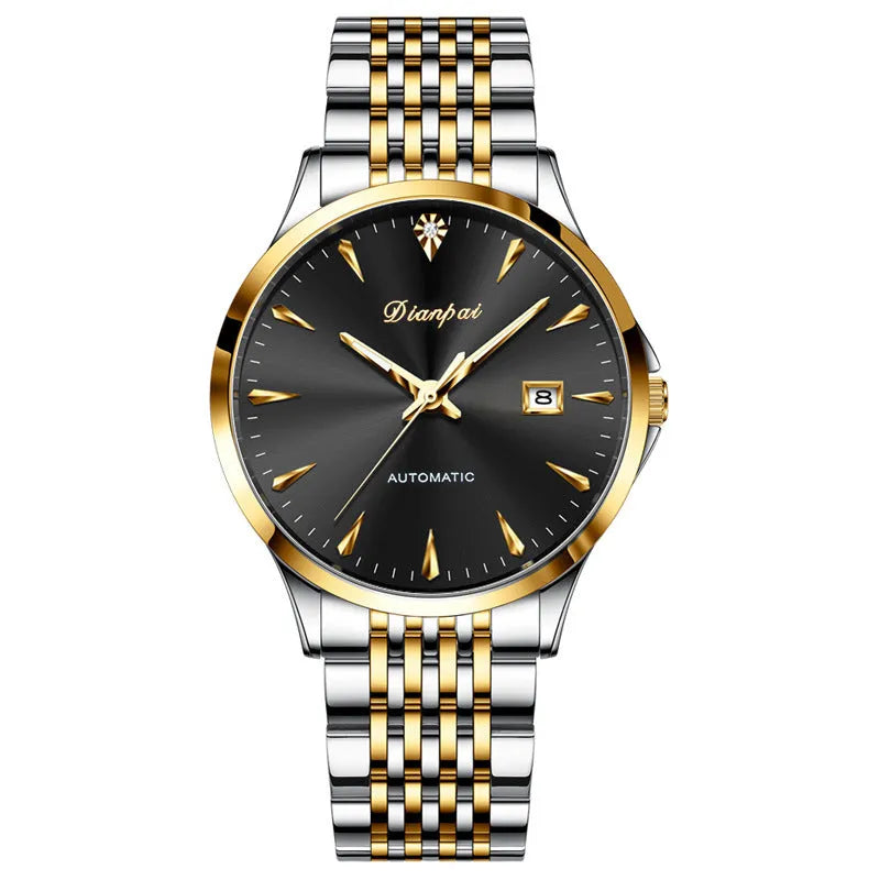 Men's simple dial automatic mechanical watch with stainless steel bracelet on wrist.