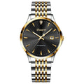 Men's simple dial automatic mechanical watch with stainless steel bracelet on wrist.