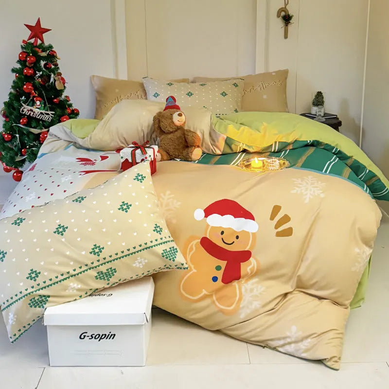 Christmas cartoon printed bedding four-piece set with sheet, quilt cover, and pillowcases for a double bed.