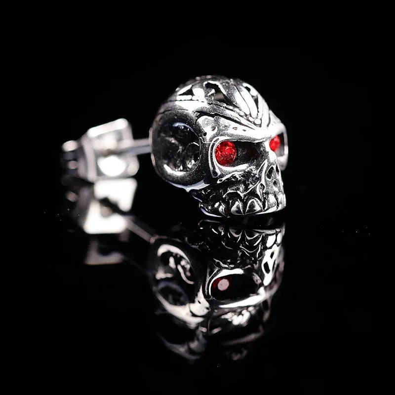 Retro skull stud earrings with red eye ghost head design on alloy base