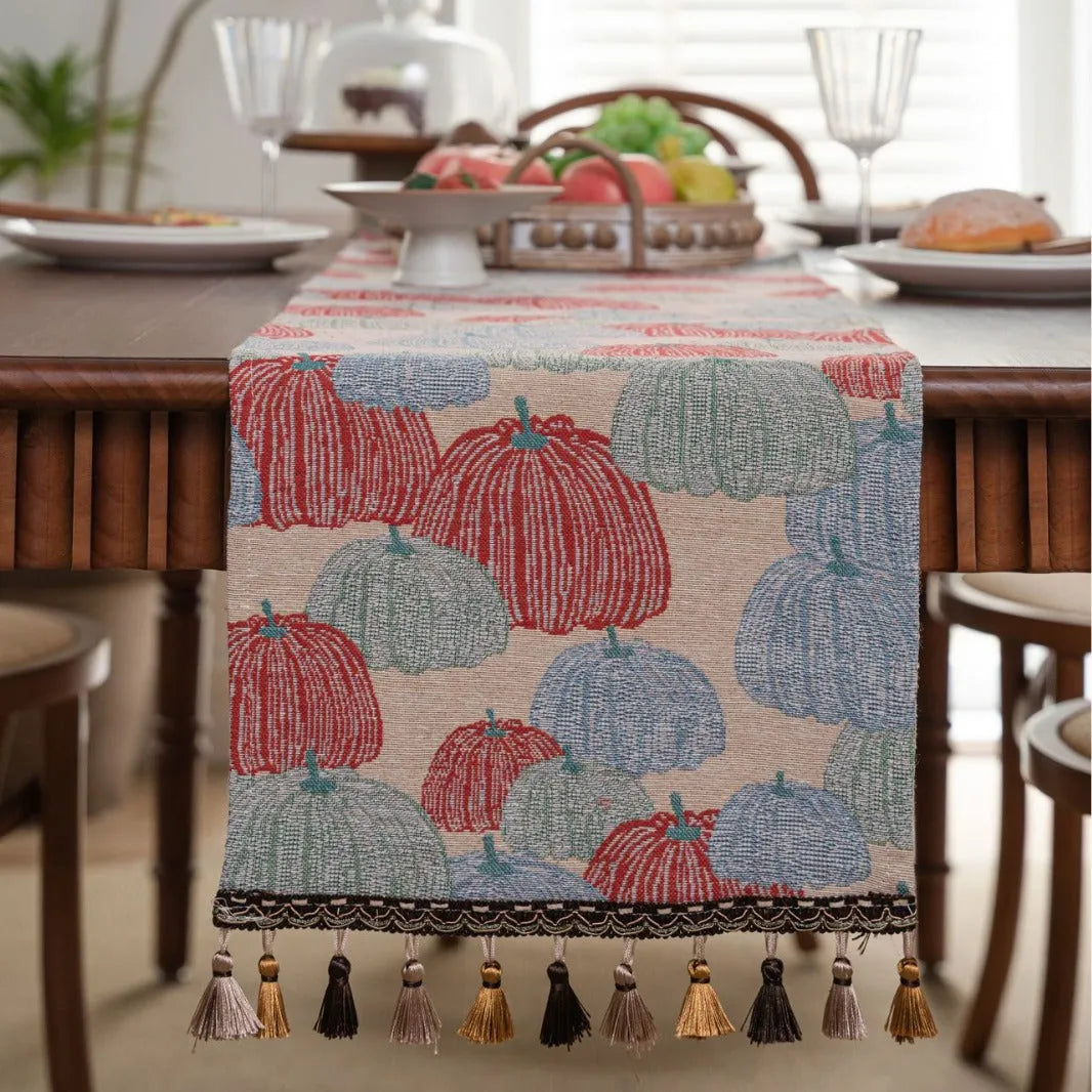 American-style long tassel table runner with Jacquard floral pattern on a table