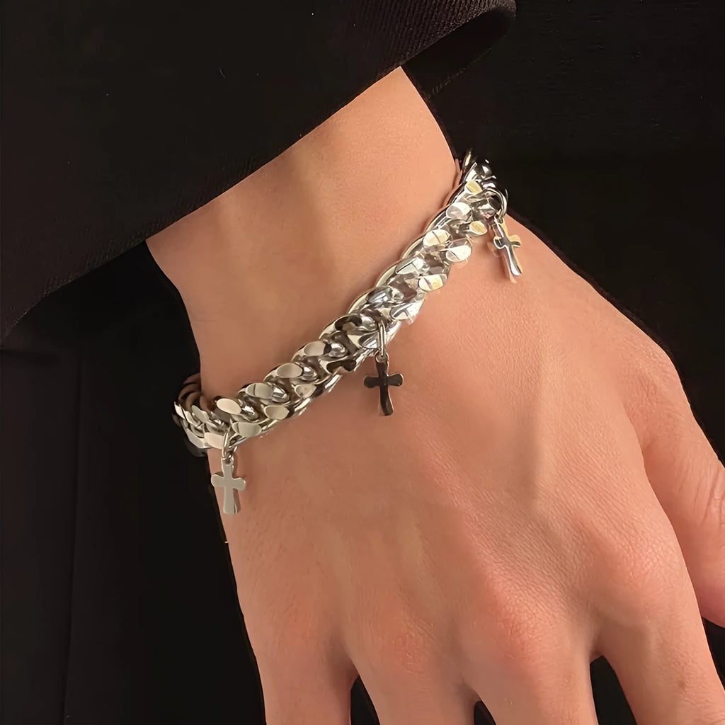 Men's titanium steel bracelet with a geometric cross charm on an adjustable strap.