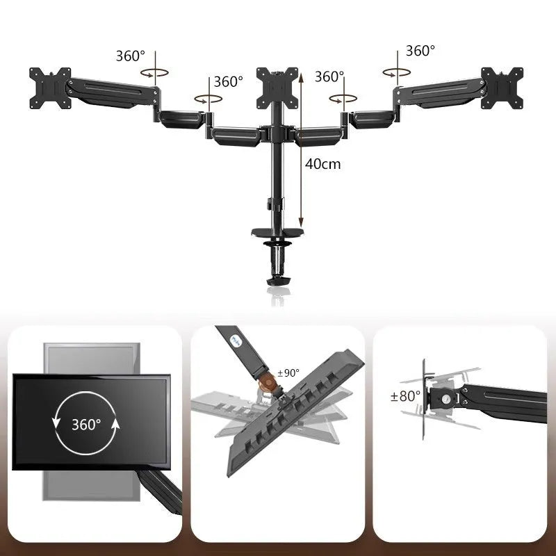 Three-screen monitor stand with adjustable rotary bracket and double air pressure arm in cold rolled steel