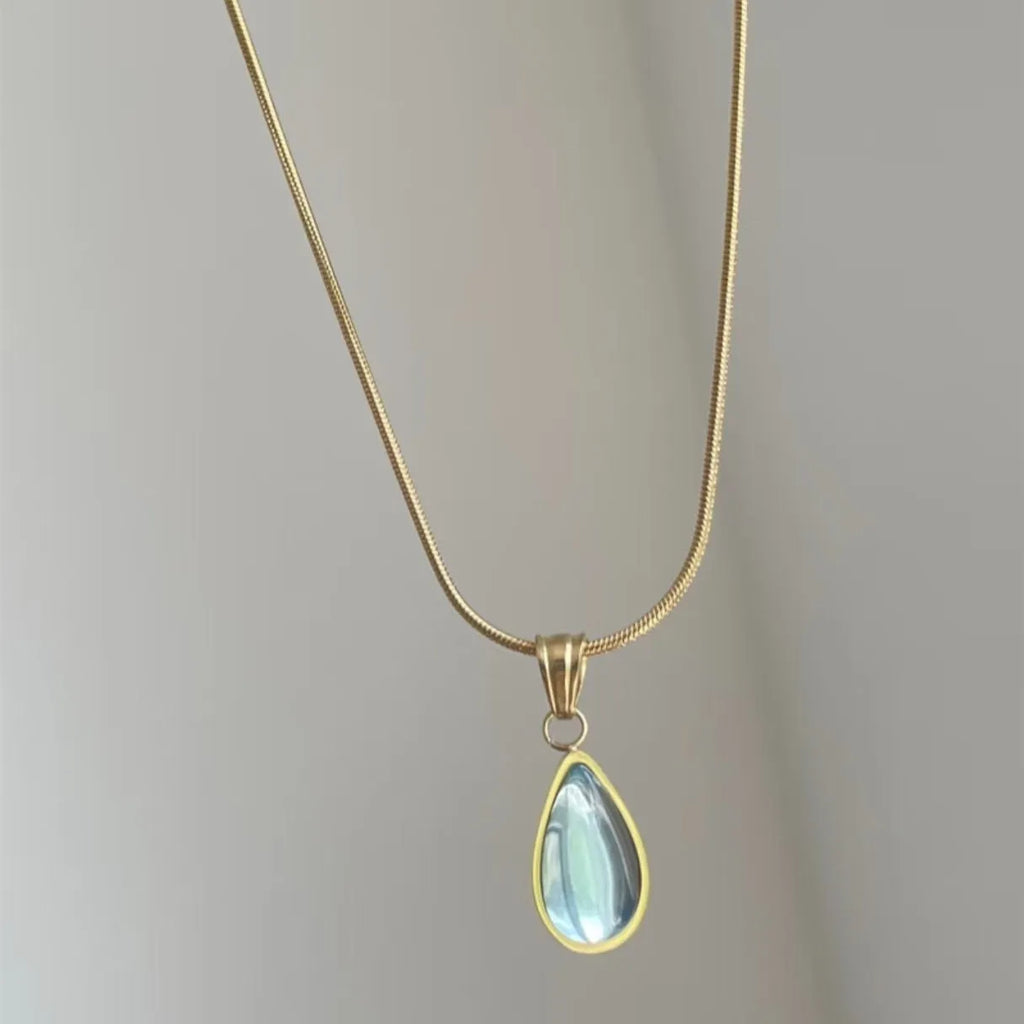 Retro water drop necklace with mixed gemstone pendant on titanium steel snake bone chain