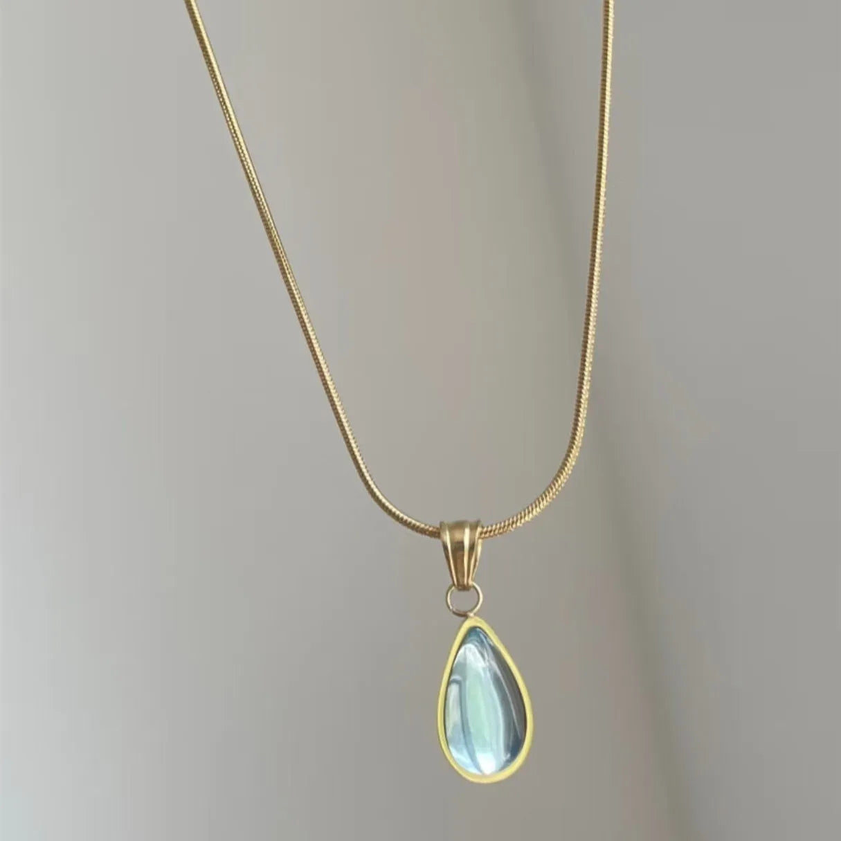 Retro water drop necklace with mixed gemstone pendant on titanium steel snake bone chain