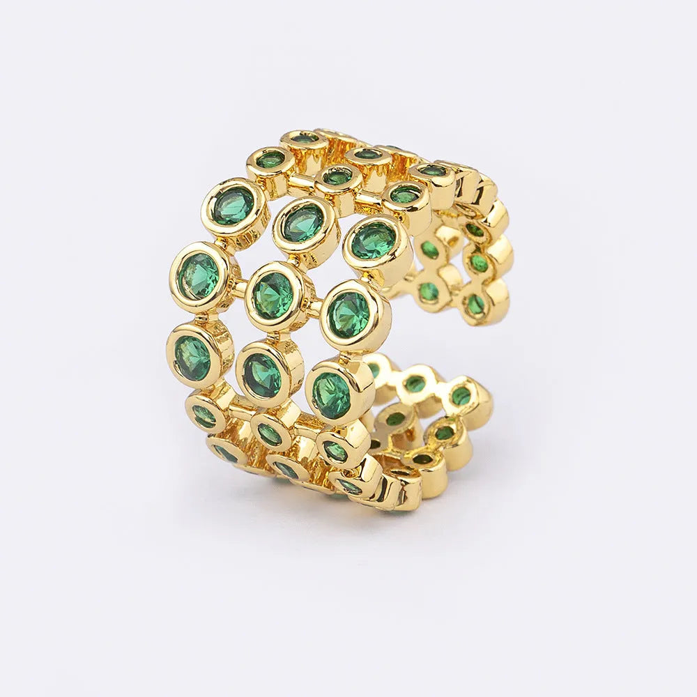 Three-layer exaggerated green full zircon wide ring with copper base and 18K real gold plating