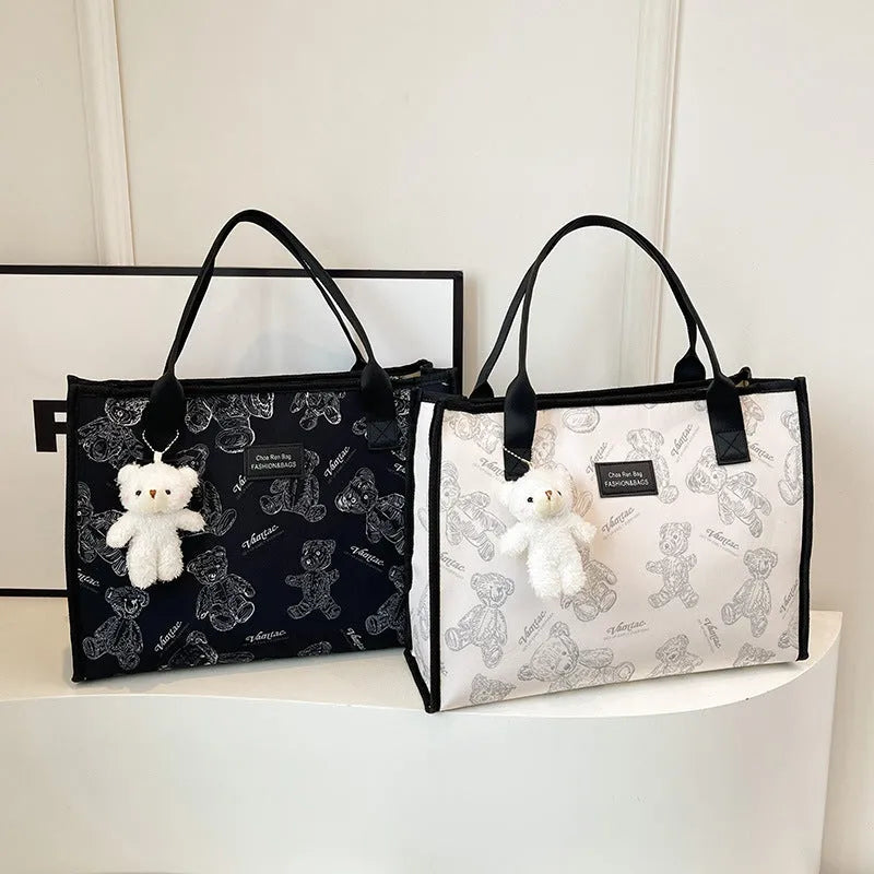 Women's black and white rhombus pattern printed canvas tote bag with large capacity