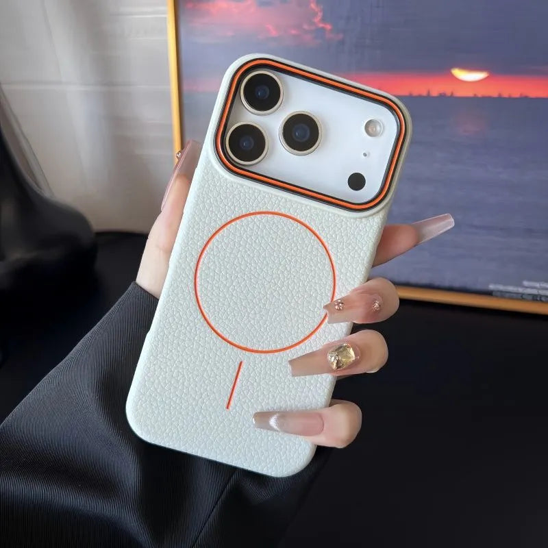 Black TPU phone case with embossed litchi pattern and magnetic ring for iPhone 17 Pro Max