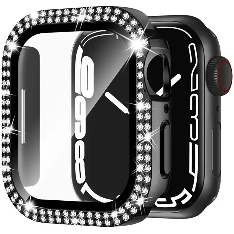 Apple Watch protective case with double diamond glass screen cover in rose gold colour.