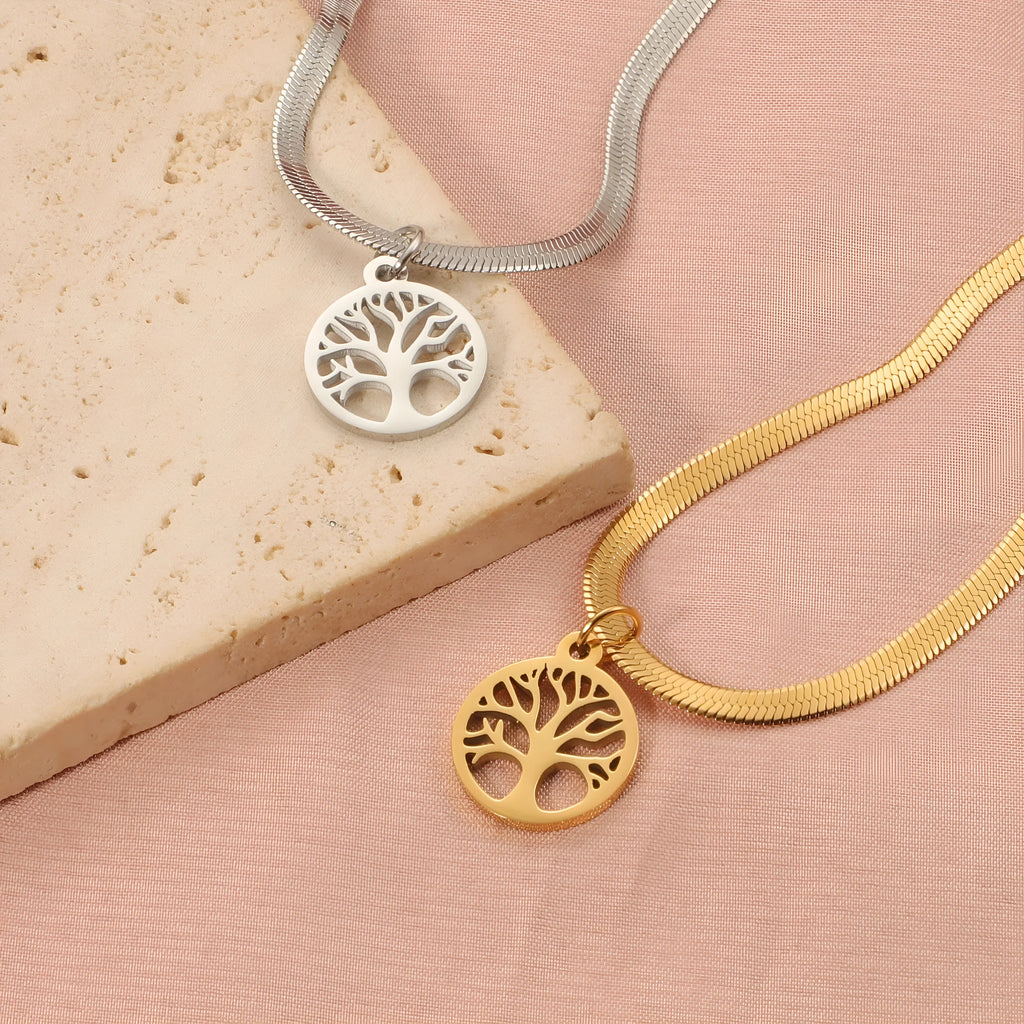 Lucky Tree pendant necklace with U-shaped tree design on adjustable snake bones chain