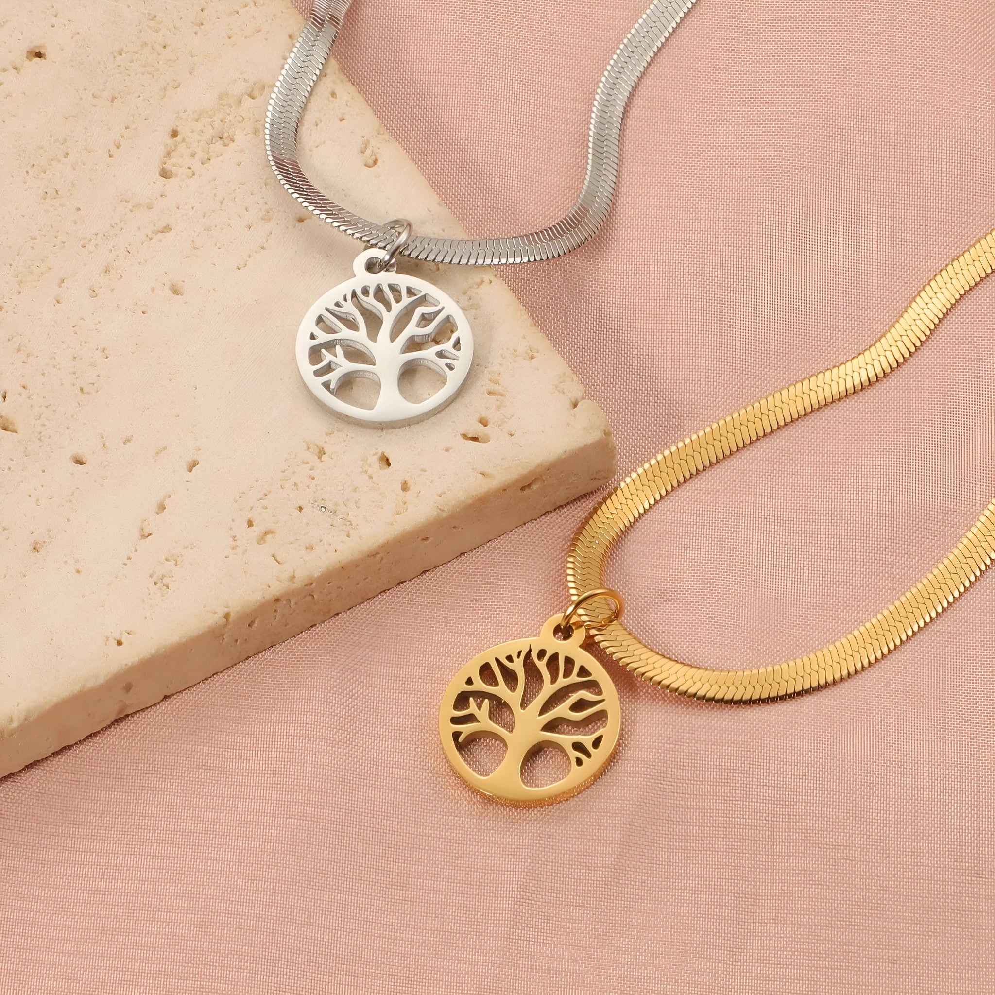 Lucky Tree pendant necklace with U-shaped tree design on adjustable snake bones chain
