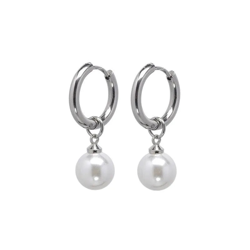 Women's geometric pearl earrings with round elements and titanium steel alloy construction