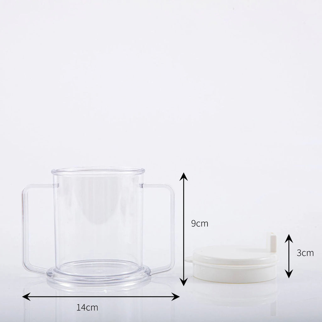 Transparent spill-proof drinking cup with lid showing 14cm height