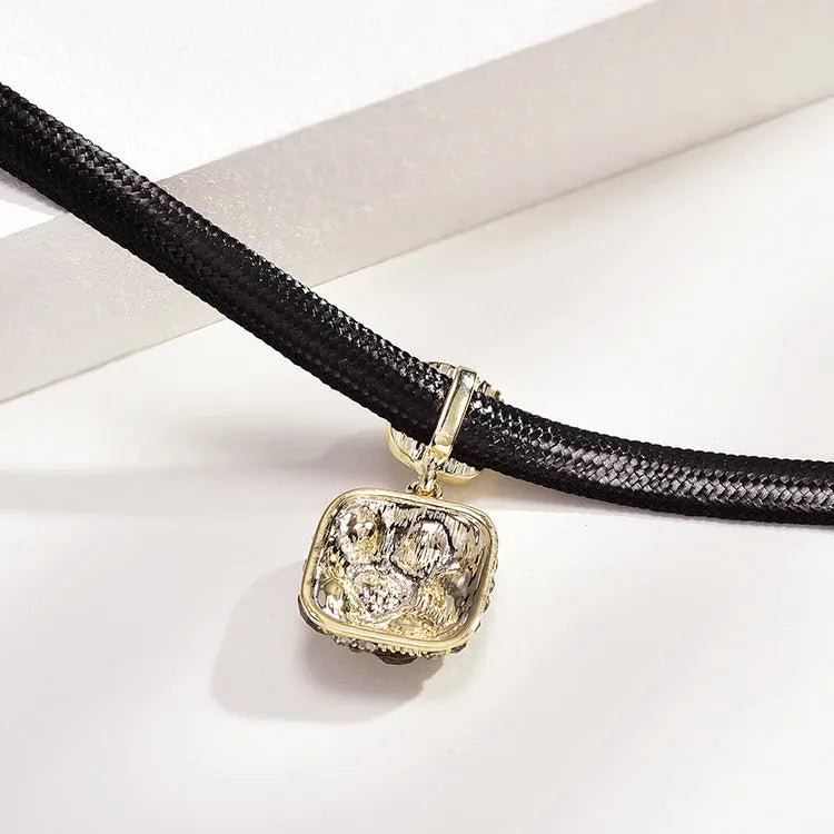Alloy short necklace with grey diamond square pendant, black rhimestone accents, and adjustable 21-50cm chain on white background