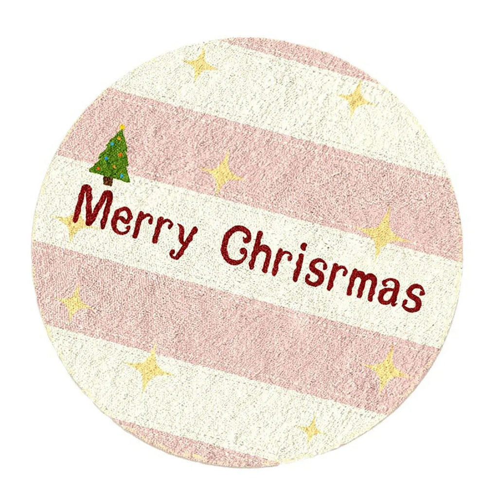 Round alien-shaped Christmas floor mat in imitation cashmere with festive gingerbread man design.