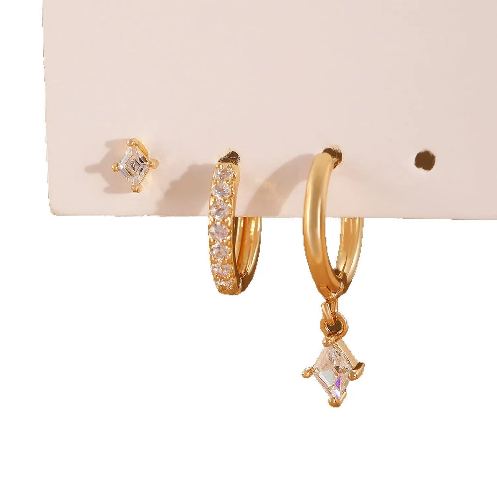 Ladies three-piece zircon geometric earring set in gold and silver finishes