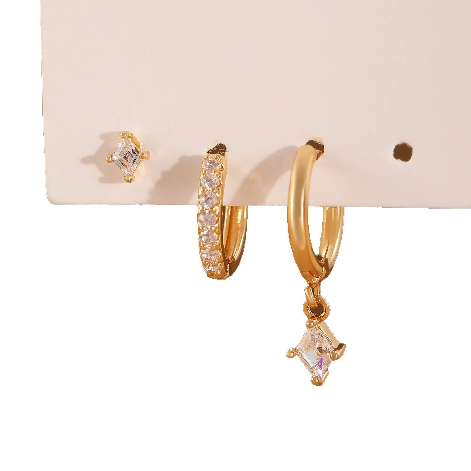 Ladies three-piece zircon geometric earring set in gold and silver finishes