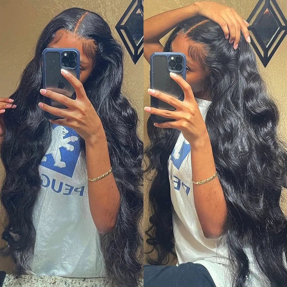 Black long curly synthetic wig with side bangs and a front lace hairline.