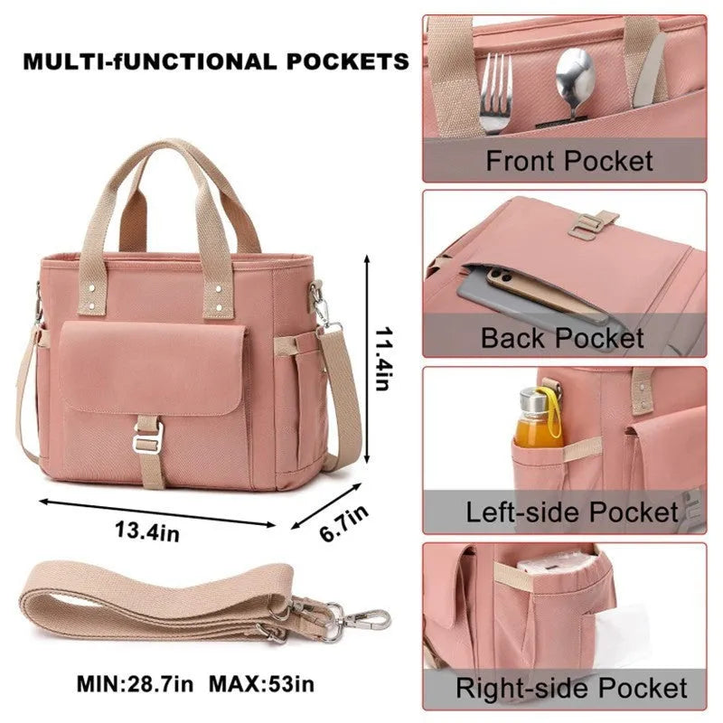 Insulated cube-shaped picnic bag with a removable shoulder strap and a side pocket, shown in pink colour.