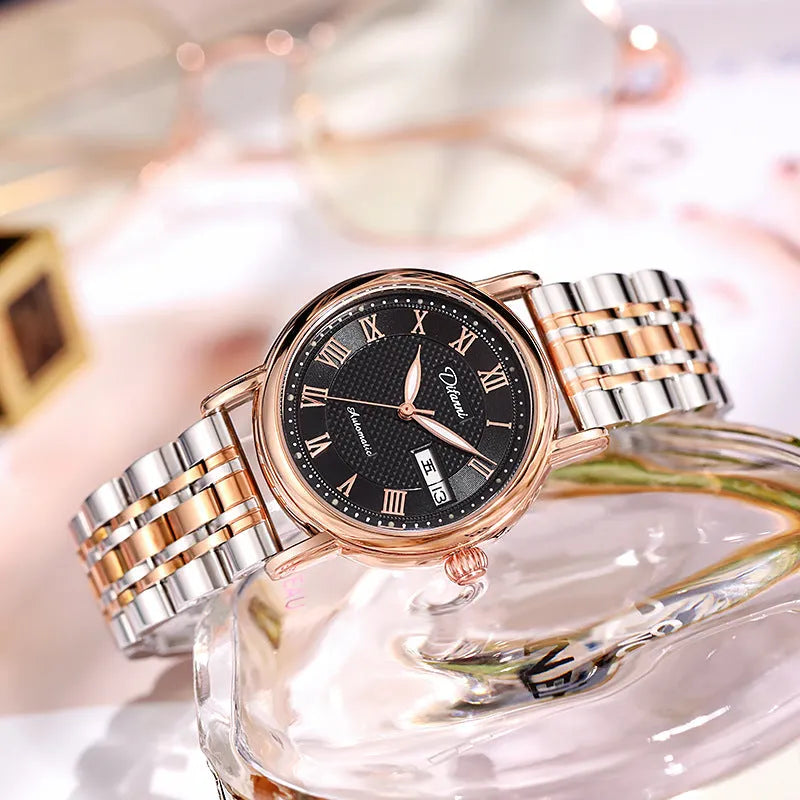 Automatic women's watch with 12mm case on a stainless steel bracelet alongside leather strap options