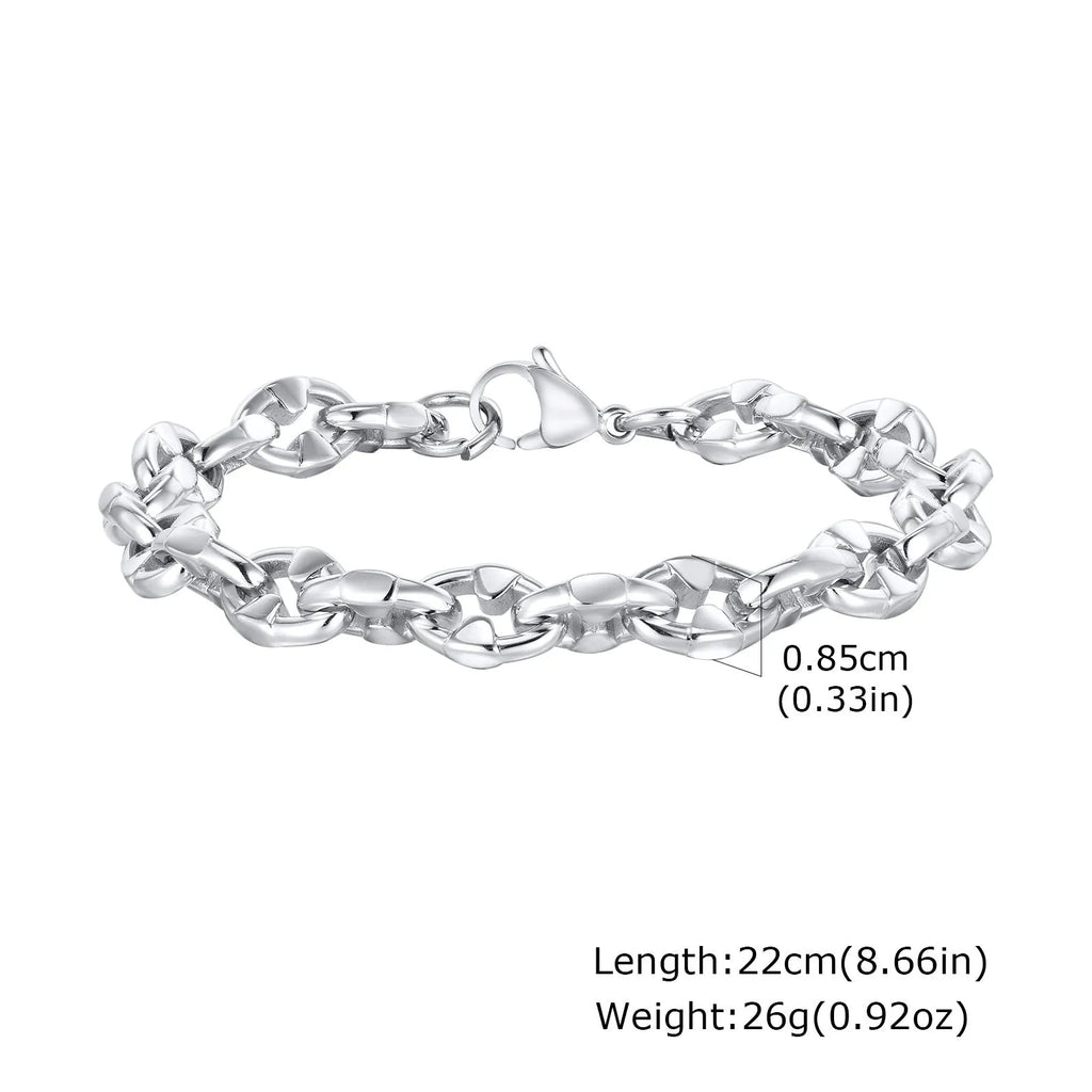 Men's thick stainless steel handmade geometric chain bracelet in steel colour.