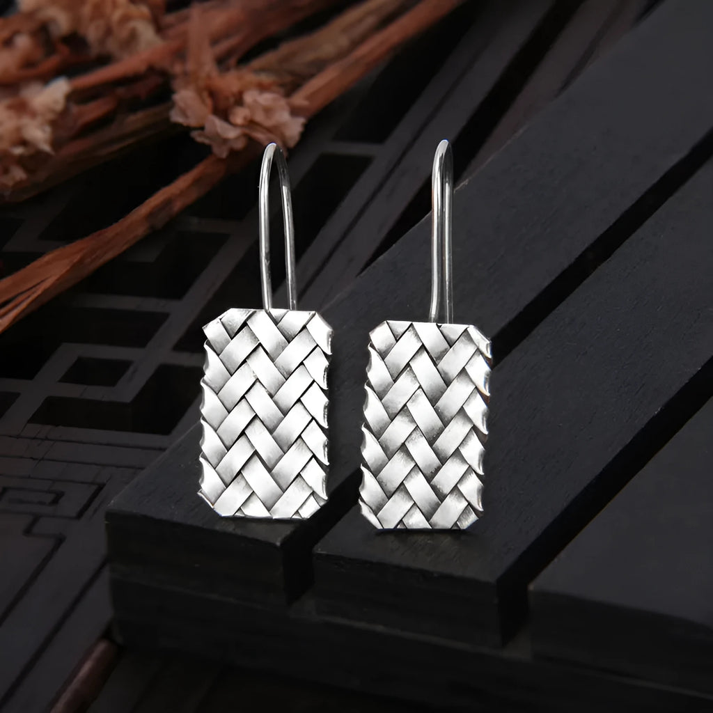 Woven diamond plaid geometric earrings made from 925 sterling silver, silver colour.