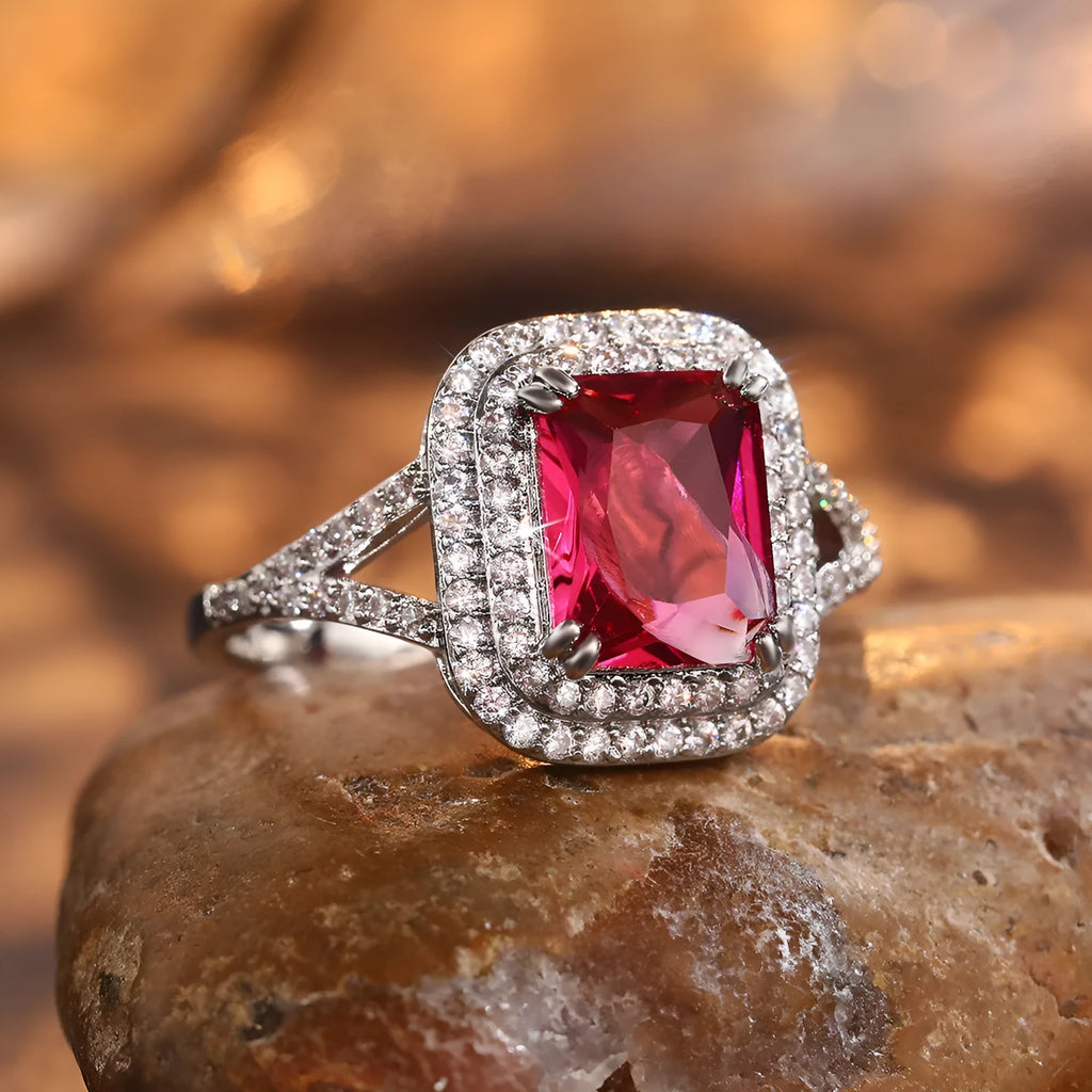 Red copper square ring with rhinestones for women, shown in size 8.