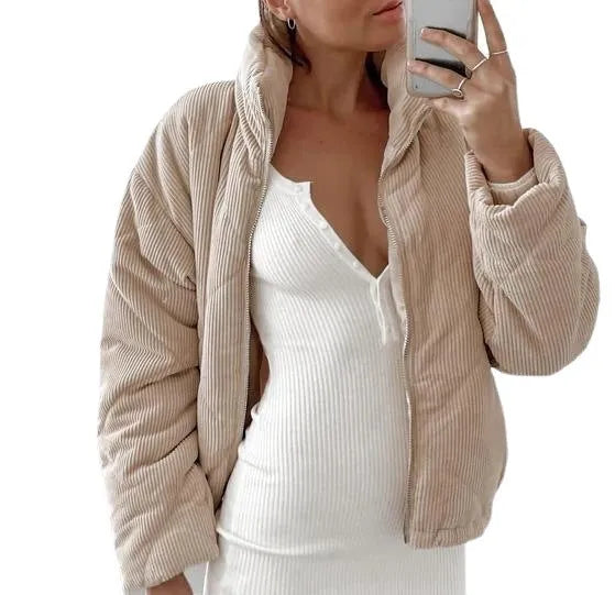 Women's apricot corduroy zipper jacket with stand collar and wadded construction