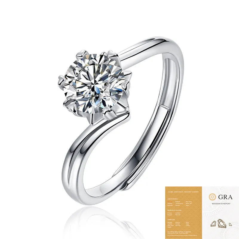 S925 silver platinum-plated open mouth moissanite ring with round cut stone, unisex geometric style